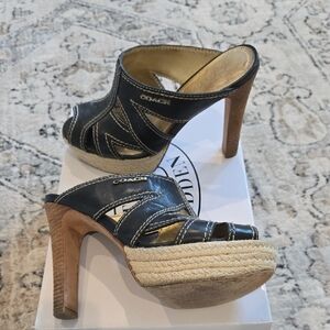 Coach Black Leather Espadrille Platform Mules with Braided Rope